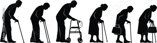 Silhouette collection of elderly senior people walking with canes and walkers representing aging process disability healthcare and geriatric support services,