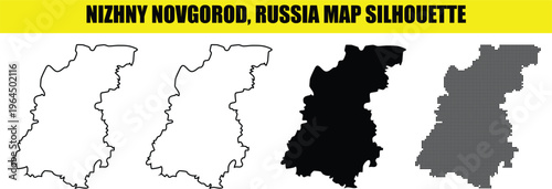 Nizhny novgorod city map silhouette set featuring four distinct graphical styles with outline and solid black shapes.