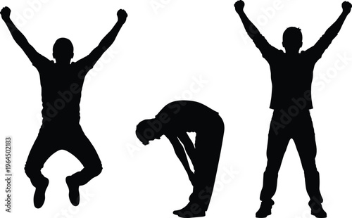 Silhouette of man expressing victory success and failure jumping in joy standing with arms raised and bending down feeling defeated