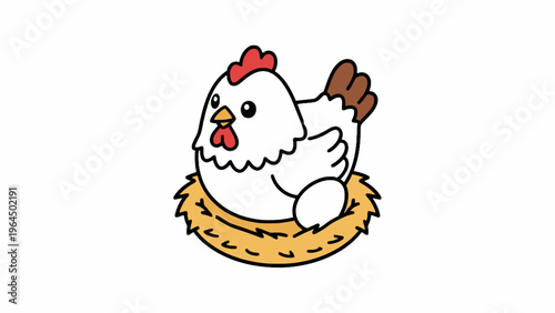 Hen Hatching Egg in Straw Nest Vector Illustration