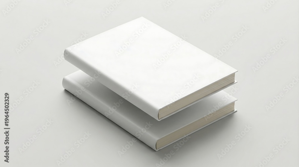Fototapeta premium two blank white hardcover books stacked on light gray surface top view clean aesthetic minimalist composition for presentation or design concept.