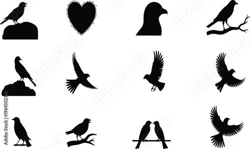Black silhouette icons of birds perched, flying, resting, and interacting, heart shape and diverse avian poses for design, illustration, and creative references