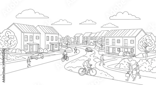 Suburban street scene with houses and people cycling.