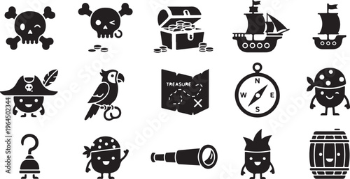 Black and white pirate themed with skull treasure map compass and parrot treasure chest