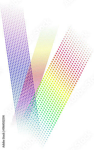 Abstract overlapping diagonal bands of evenly spaced colored dots in rainbow gradient transitioning smoothly across white background