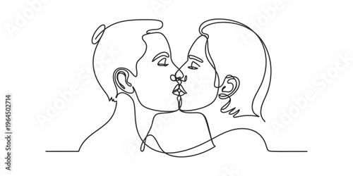 Minimalist continuous line art illustration depicting a romantic couple sharing a gentle kiss Vector, illustration