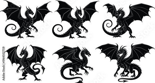 Black and white vector silhouette collection of mythical dragons in various poses isolated on white background for fantasy and fairy tale design elements