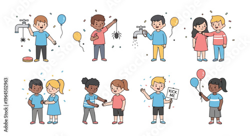 Illustration of diverse cartoon children playing pranks and having fun on April Fools' Day in a colorful and lively setting