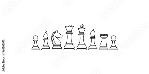A detailed black and white line art illustration showing a complete set of classic chess pieces Vector, illustration