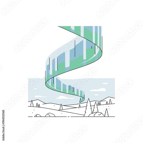 Stylized Aurora Borealis Swirling Above Landscape.