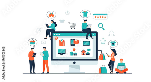 E-commerce Online Shopping Experience with Customers Browsing Products on Digital Devices. Digital Marketplace, Mobile Commerce & Consumer Engagement Concept.