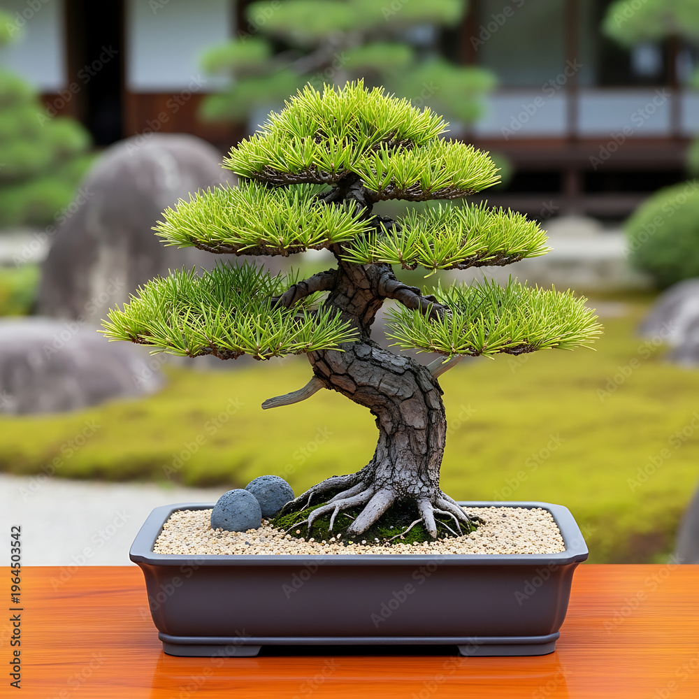 custom made wallpaper toronto digitalMature bonsai tree with green foliage in a traditional ceramic pot sitting on a wooden table with a blurred japanese zen garden and mossy landscape background for meditation and peace and quiet