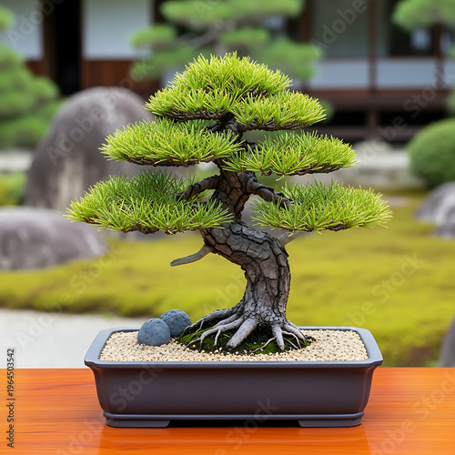 Wallpaper Mural Mature bonsai tree with green foliage in a traditional ceramic pot sitting on a wooden table with a blurred japanese zen garden and mossy landscape background for meditation and peace and quiet Torontodigital.ca