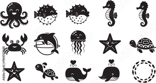 Black silhouette of various animals and mythical creatures including cats dogs birds and unicorns black silhouettes