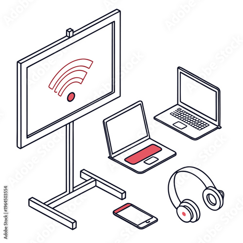 Modern digital devices with wireless connectivity isometric line art