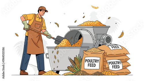Feed Production in Industry: An illustrative depiction of a worker skillfully handling feed production process for poultry.