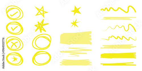 Hand Drawn Yellow Highlighter Marker Scribbles Set - Circles, Stars, Checkmarks, and Underline Strokes for Education and Business Design