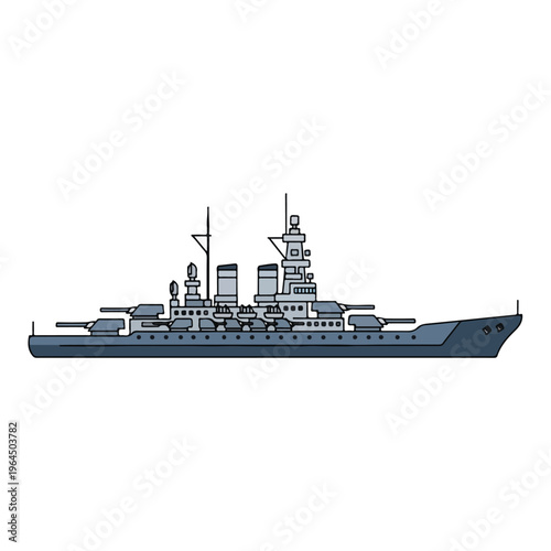 Warship naval vessel with gun turrets and superstructure
