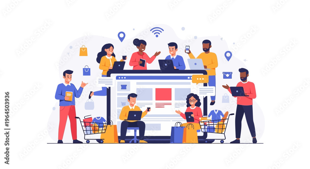 Fototapeta premium Online Shopping & E-commerce Concept with Diverse People Interacting on Digital Platforms