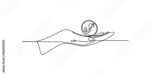 Continuous single line drawing of a human hand palm holding a circular coin with dollar symbol sign. Vector, illustration