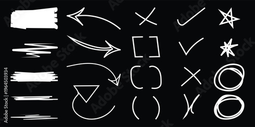 Hand drawn white marker strokes and highlight shapes set on black background. Vector collection of scribble underlines, circles, frames, and correction marks for text emphasis.