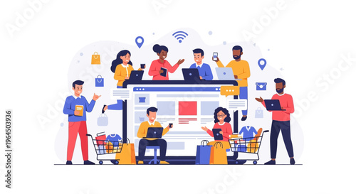 Online Shopping & E-commerce Concept with Diverse People Interacting on Digital Platforms