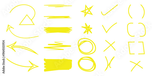 Marker highlighters, doodles, notes, underlines in universal graphic collection. School board, children's doodles and scribble in hand drawn style. Vector graphic set - highlighters and notes