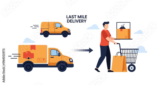 Last Mile Delivery Process Illustration: E-commerce Logistics, Shipping, and Courier Service