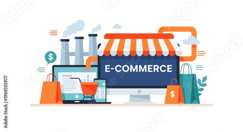 E-commerce Global Digital Retail & Supply Chain Concept Illustration - Online Shopping, Marketing & Logistics