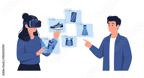 Virtual Reality Shopping Experience: Woman in VR Headset Browsing Digital Products with Man in Metaverse E-commerce Store