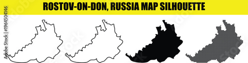 Rostov-on-don, russia map silhouette with different styles: solid white, outline, solid black, and halftone dotted versions.