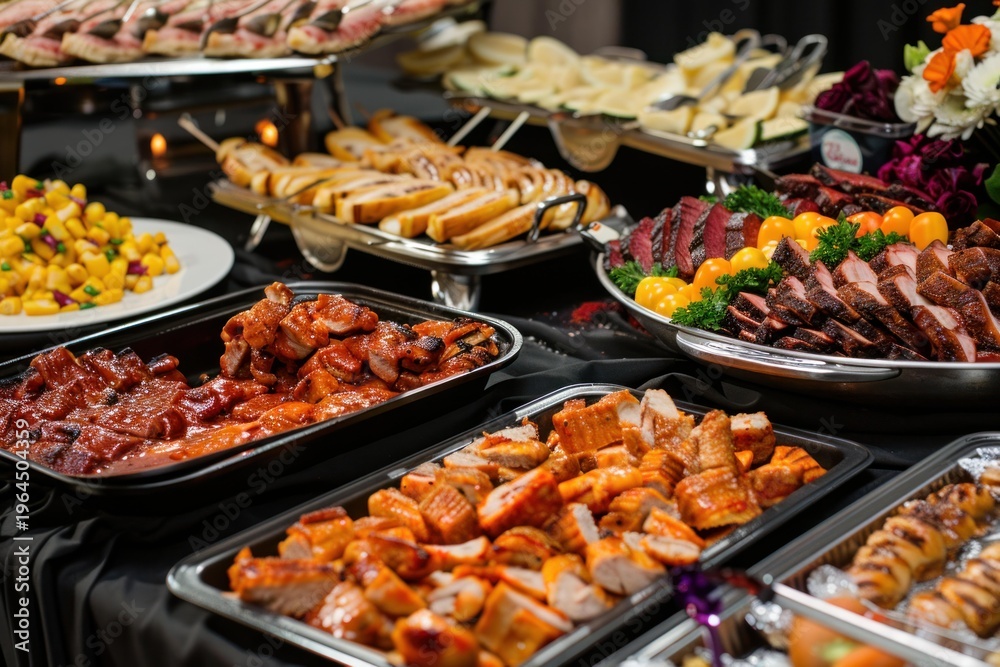 Obraz premium Catering buffet offers a wide variety of delicious grilled meats, fresh salads, and tempting appetizers