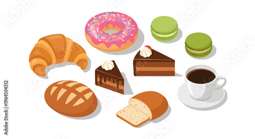 A colorful illustration of various baked goods and coffee on a white background