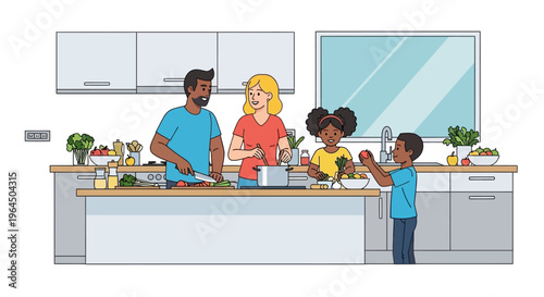 Family of four cooking together in a modern kitchen with food and ingredients