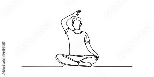 Minimalist one line drawing of a person sitting in a meditative yoga pose with hand raised up. Vector, illustration