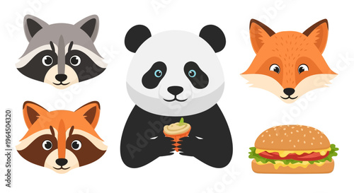 Cartoon animals and food items illustrated on white background with panda eating carrot