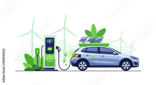 Electric vehicle charges at station with solar panels on roof in front of wind turbines.