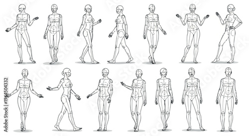 Female fashion croquis template set with various body types and poses