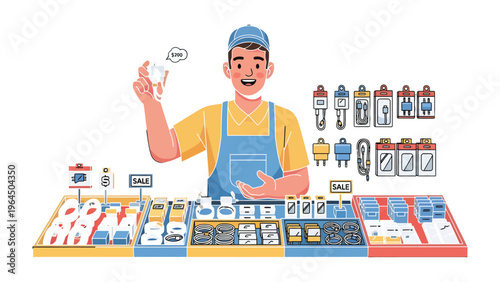Automotive Technician: A knowledgeable automotive technician stands proudly behind a display of automotive parts, suggesting the sales. This image encapsulates the essence of service and expertise.