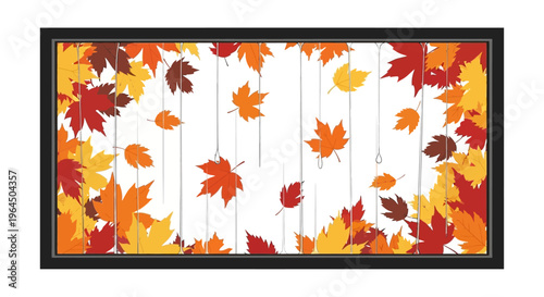 Autumn leaves fall gently on white wooden planks in a black frame.