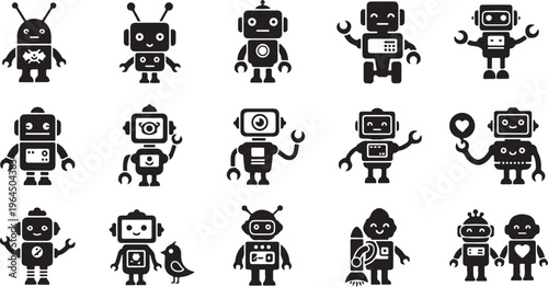 Cute cartoon robots with various accessories and expressions in black and white line black and white