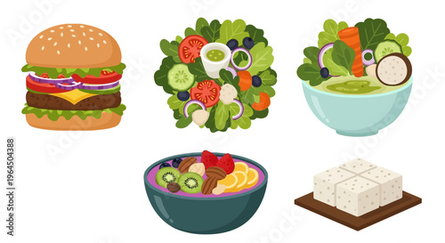 A colorful illustration of various healthy and junk food options on a white background