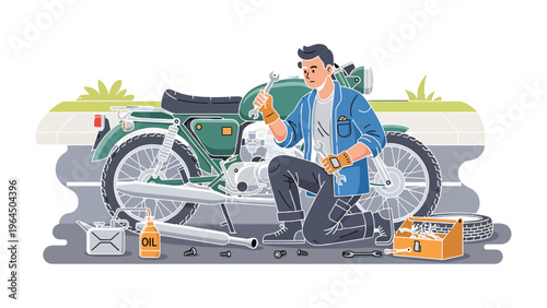 Mechanic Motorcycle Maintenance: An illustrated scene of a mechanic diligently working on a classic motorcycle. Focused on detail, showcasing skill and passion for the art of mechanical repair.