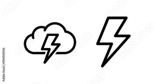 Lightning bolt and stormy cloud weather icons representing electrical storms, thunder, power, energy, or sudden sudden danger and alerts for interface design