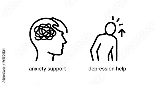 Mental health support icons representing anxiety management and depression help with abstract human head and psychological awareness symbolism for therapy
