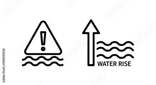 Water rise warning icons representing flood risk and sea level increase with exclamation sign arrow and waves outline vector illustrations with climate chang