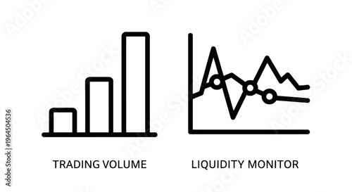 Trading volume and liquidity monitor financial data visualization icons with bar graph and line chart outline vector illustration for business analytics web