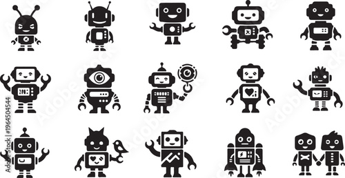 Cute robot characters in black white and gray with expressive faces and varied poses
