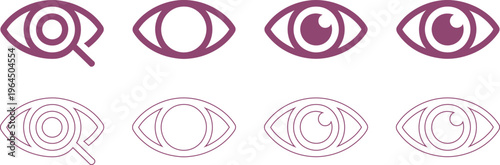 Collection of purple eye with magnifying glass in solid and outline styles