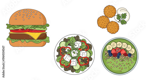 A vibrant illustration of a cheeseburger, salad, cookies, and fruit bowl on plates.